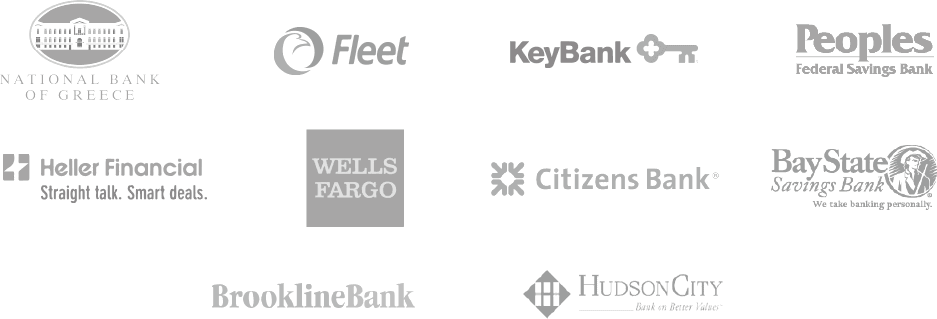 national bank of greece, fleet, key bank, peoples federal savings bank, heller financial, wells fargo, citizens bank, bay state savings bank, brookline bank, hudson city